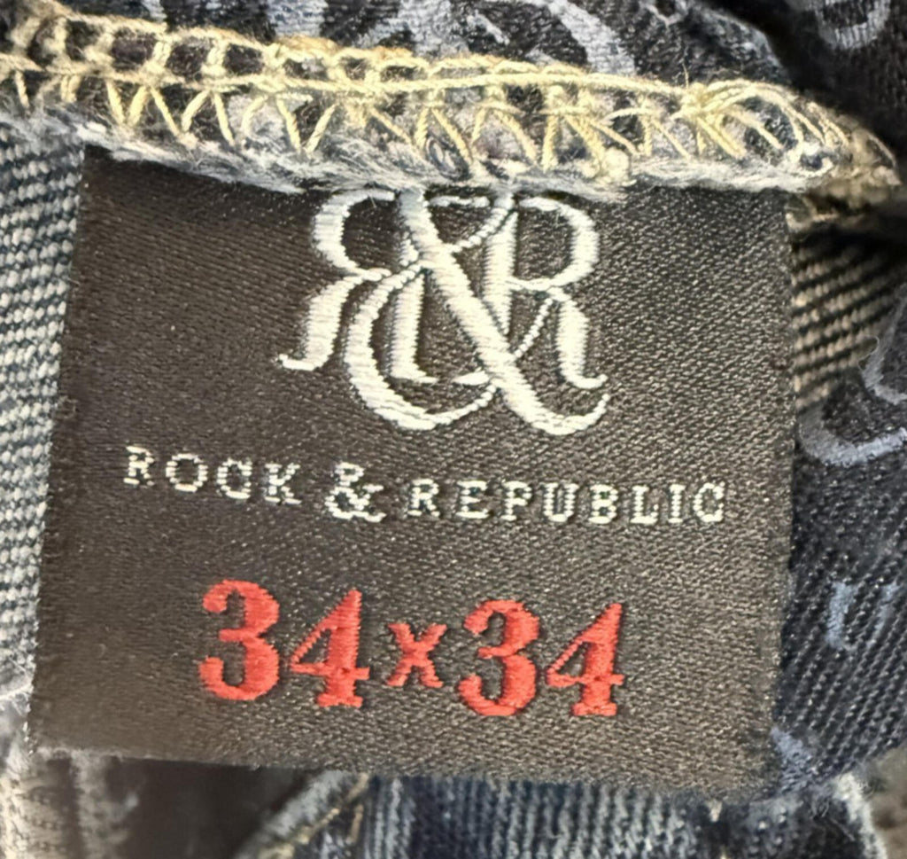 Rock & Republic Neil Straight Mens Sz 34x34 Dark Wash Jeans Stretch Flap Pockets
