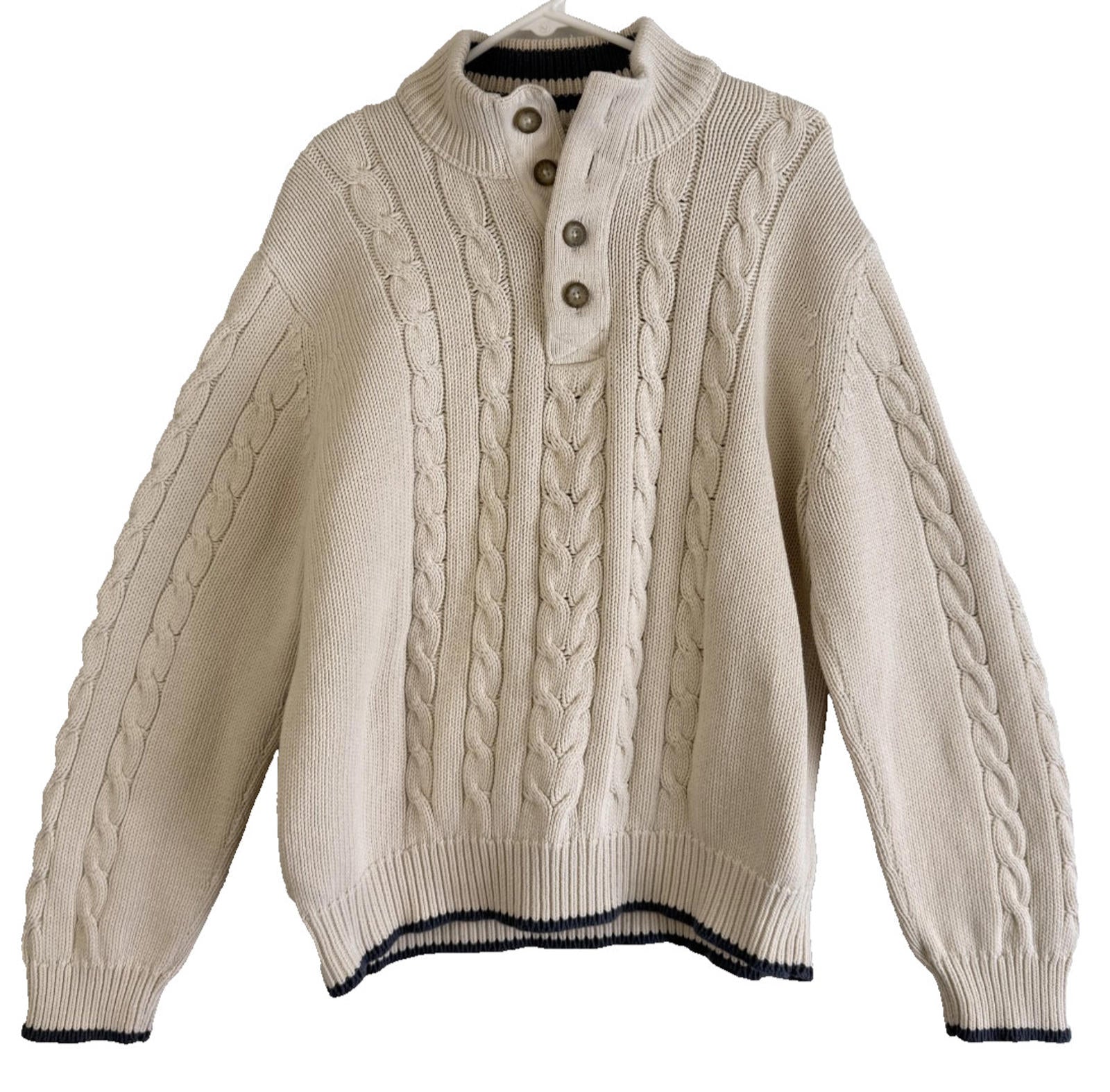 Eddie Bauer Sweater Mens XL Cream Cable Knit Quarter Button Mock Neck Pullover