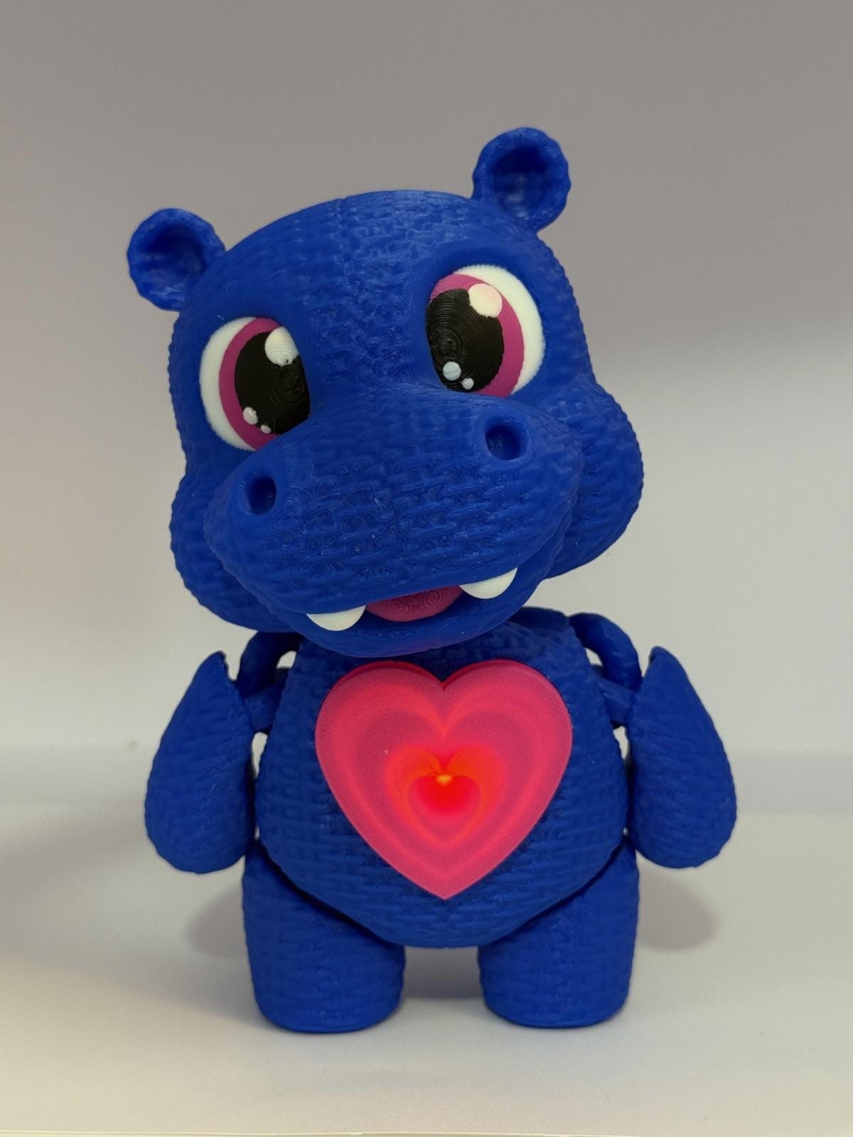 3D Printed Glowing Heart Hippo ~ Blue ~ Movable Arms, Legs, and Head ~ 7 Inch
