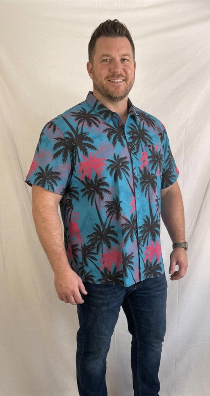 Retro Rifle Men’s 3xl Button Up Shirt High Crown Palm Tree Vice City GTA Style