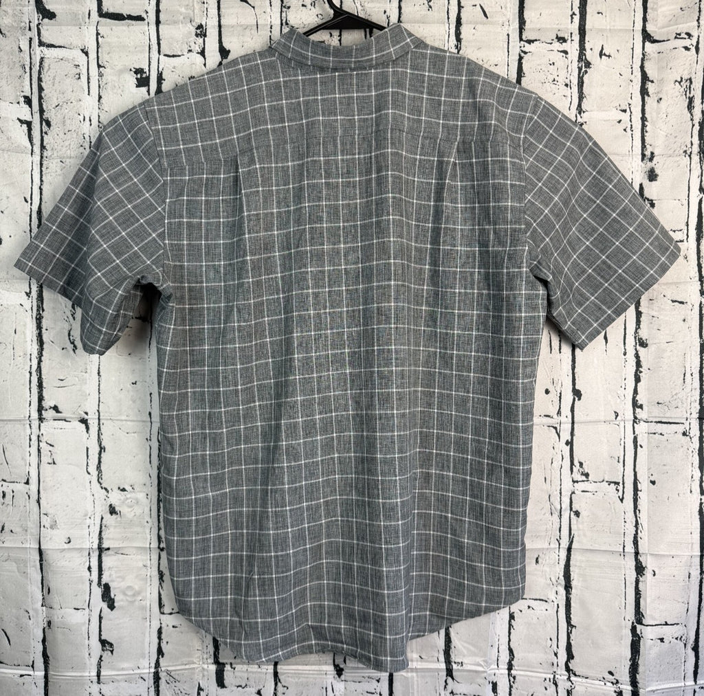 Orvis Mens XL Gray Windowpane Check Tech Short Sleeve Button Up Shirt