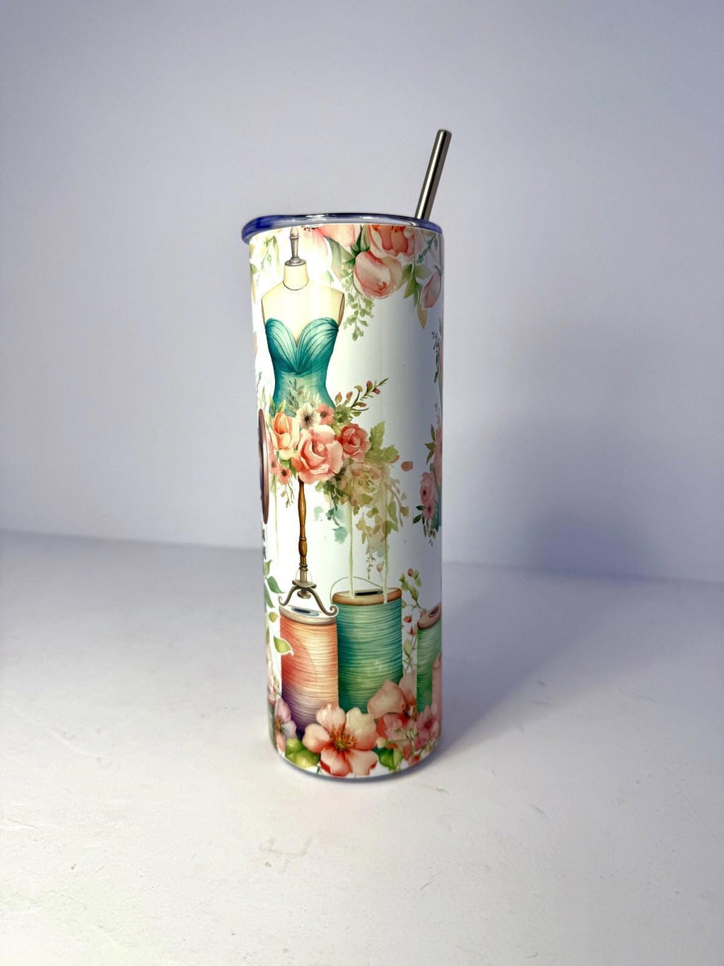 20 oz Floral Sewing Stainless Steel Tumbler with Lid, Straw