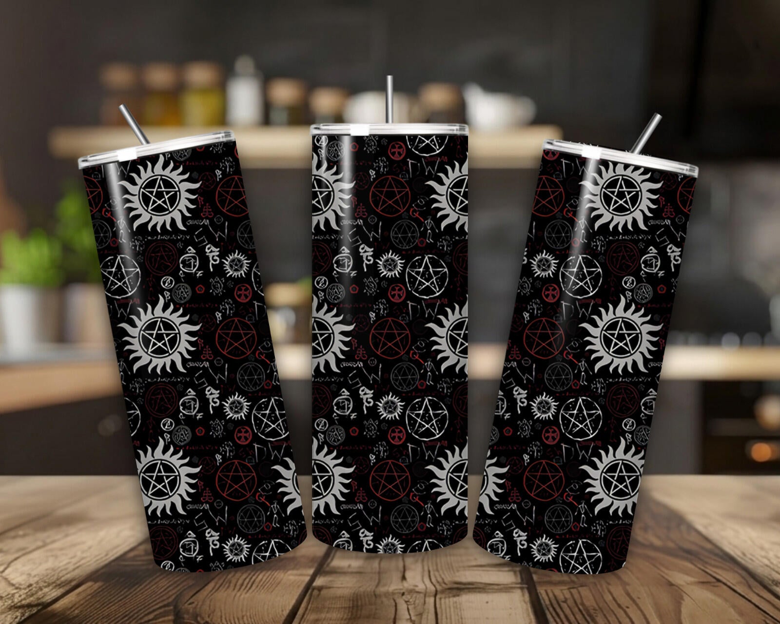 20 oz Supernatural Stainless Steel Tumbler with Lid, Straw - Symbols
