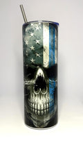 20 oz Blue Line Skull Stainless Steel Tumbler with Lid, Straw