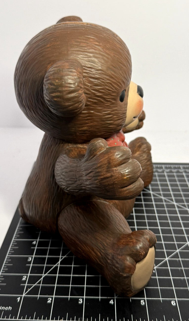 Vintage Ceramic Teddy Bear with Red Bowtie Hand-painted Coin Bank from 1980's