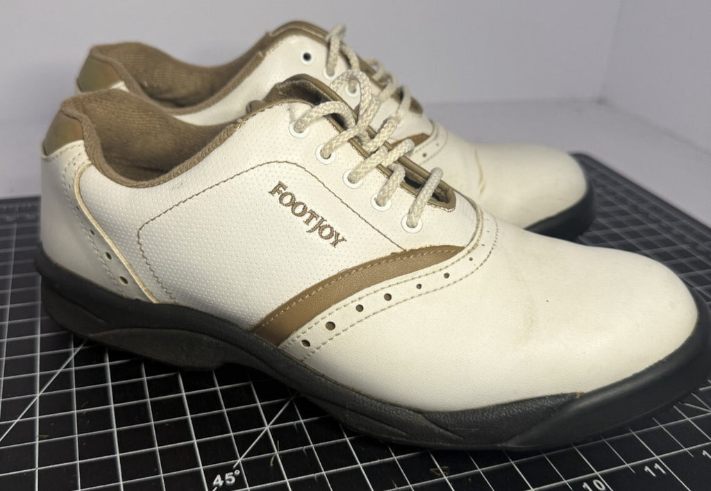 FootJoy Womens Golf Shoes Size 7.5 Oxford Two Tone Tan White Spikes Lace Up