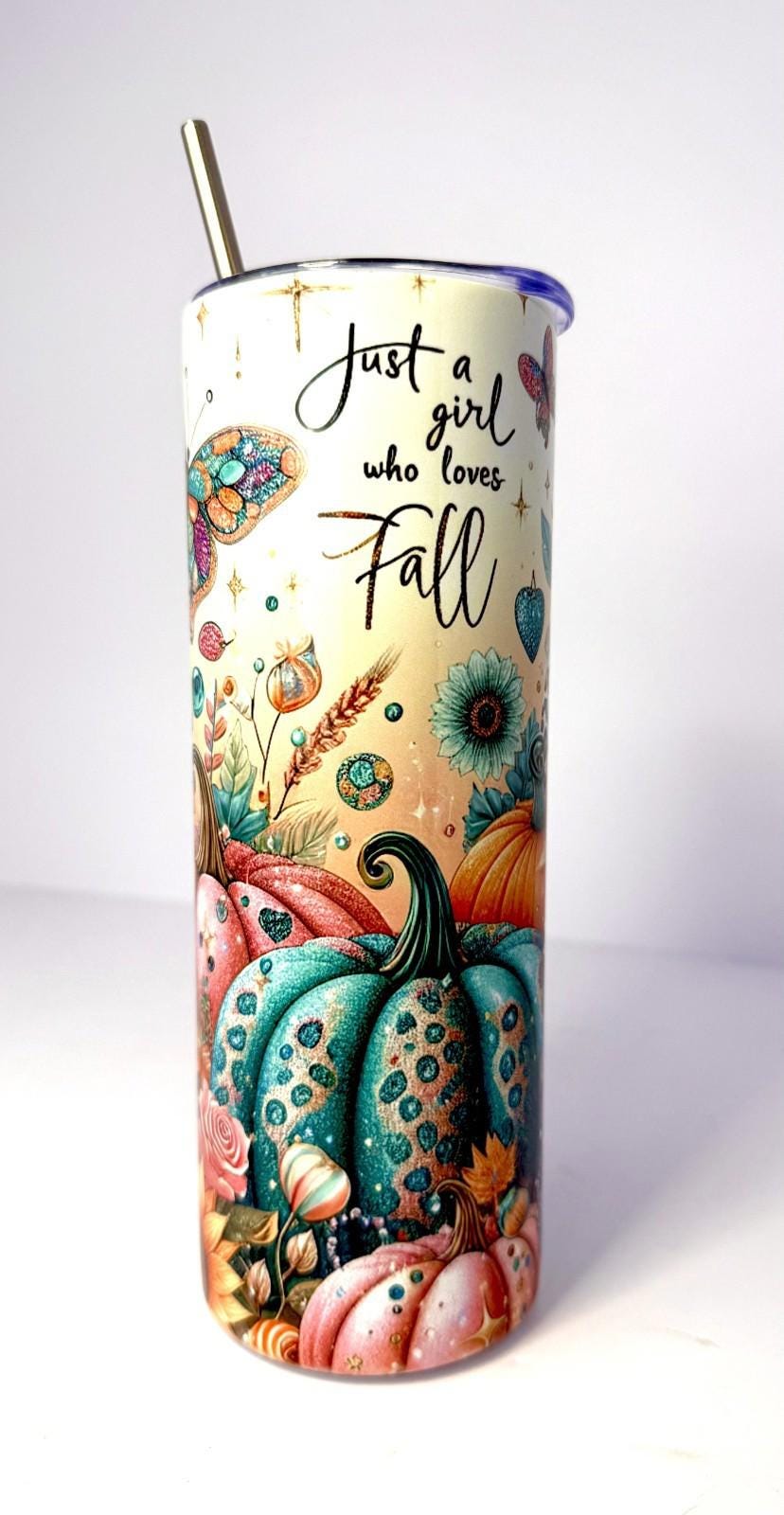 20 oz Girls Who Loves Fall Stainless Steel Tumbler with Lid, Straw