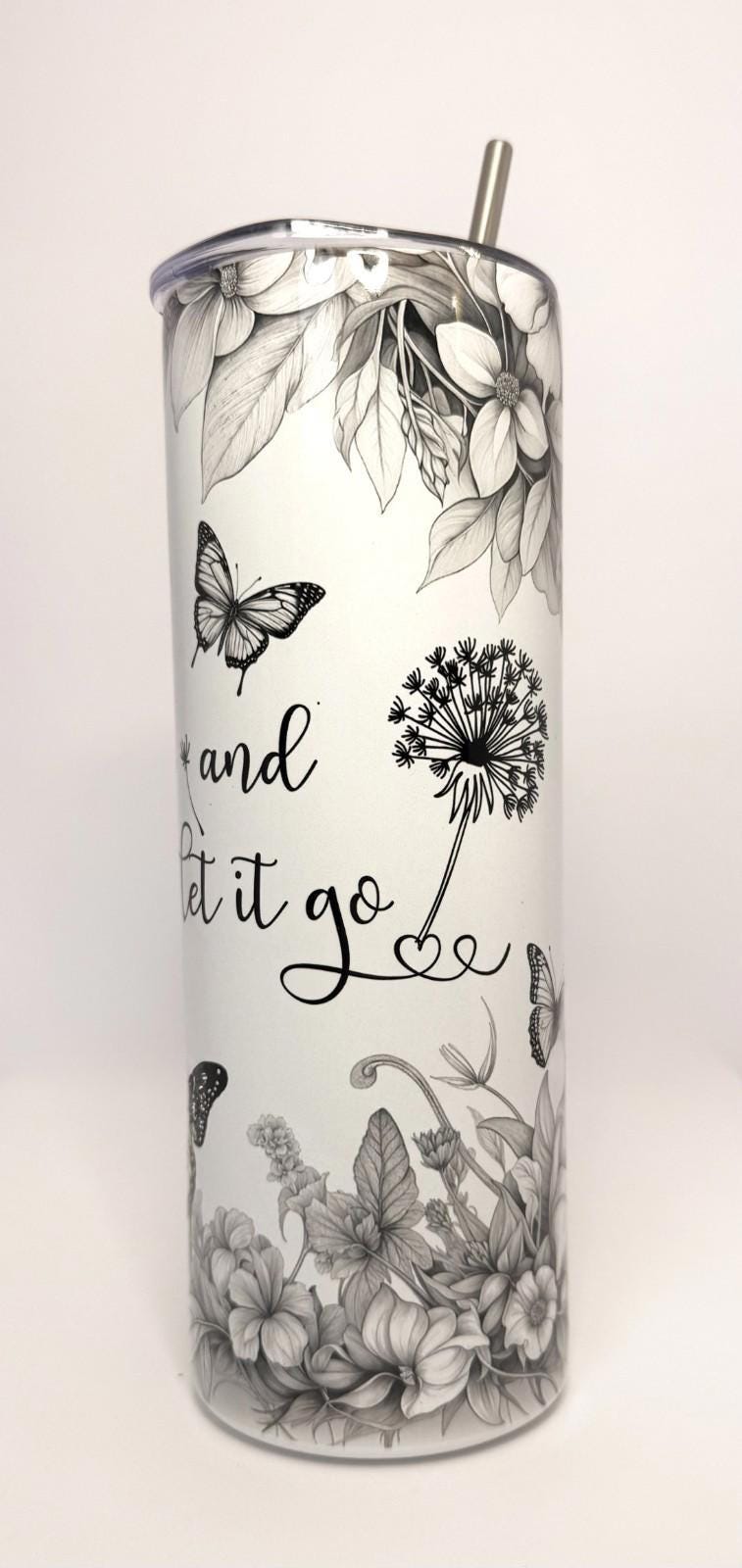20 oz Let it Go Stainless Steel Tumbler with Lid, Straw -Flowers - Butterflies