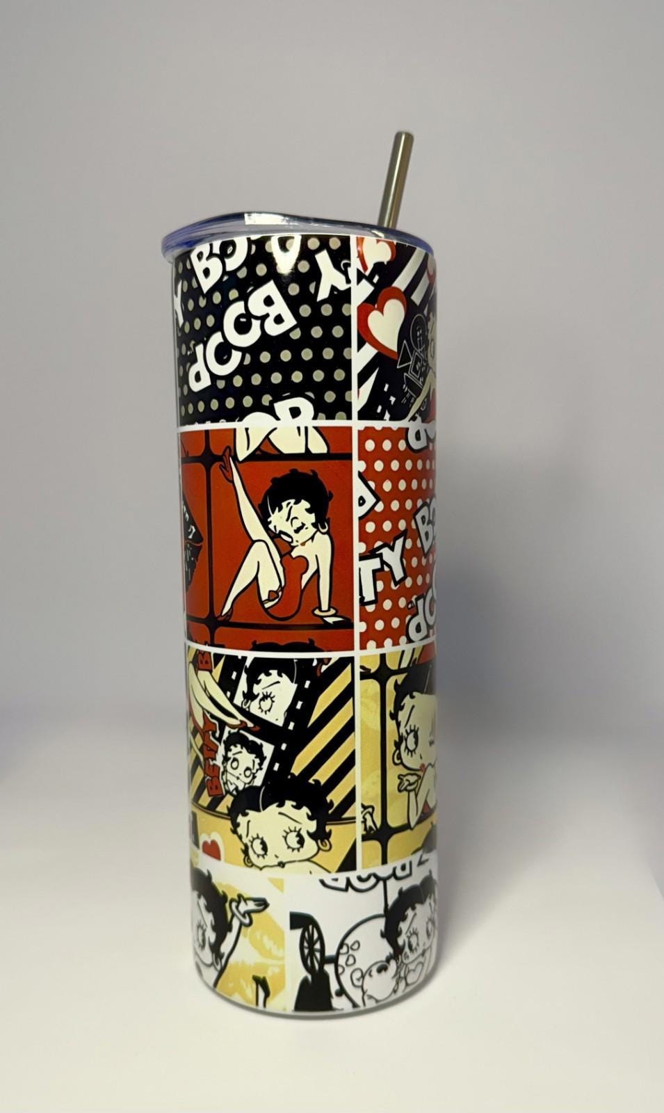 20 oz Betty Boop Squares Stainless Steel Tumbler with Lid, Straw