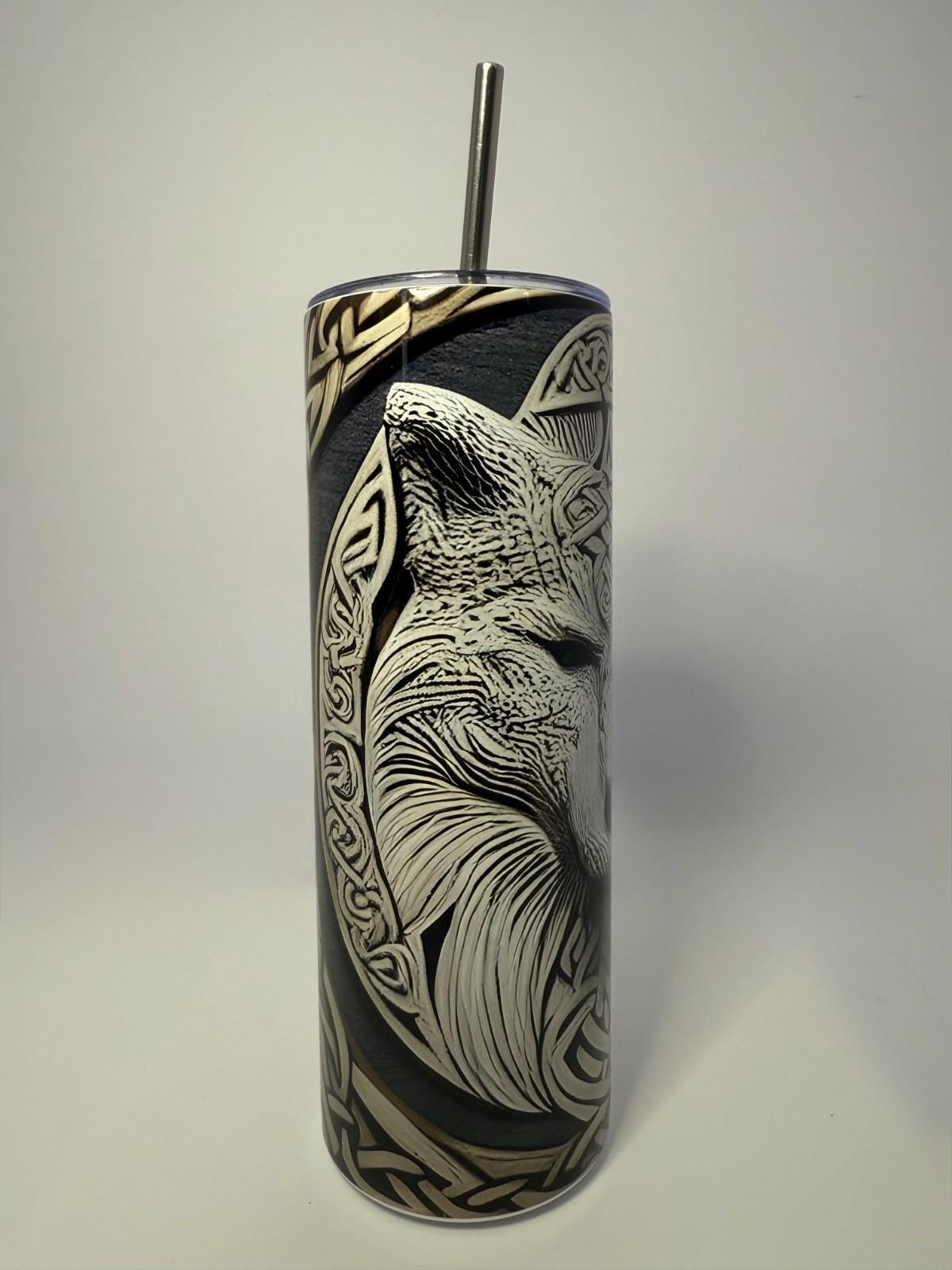 20 oz White Wolf Stainless Steel Tumbler with Lid, Straw