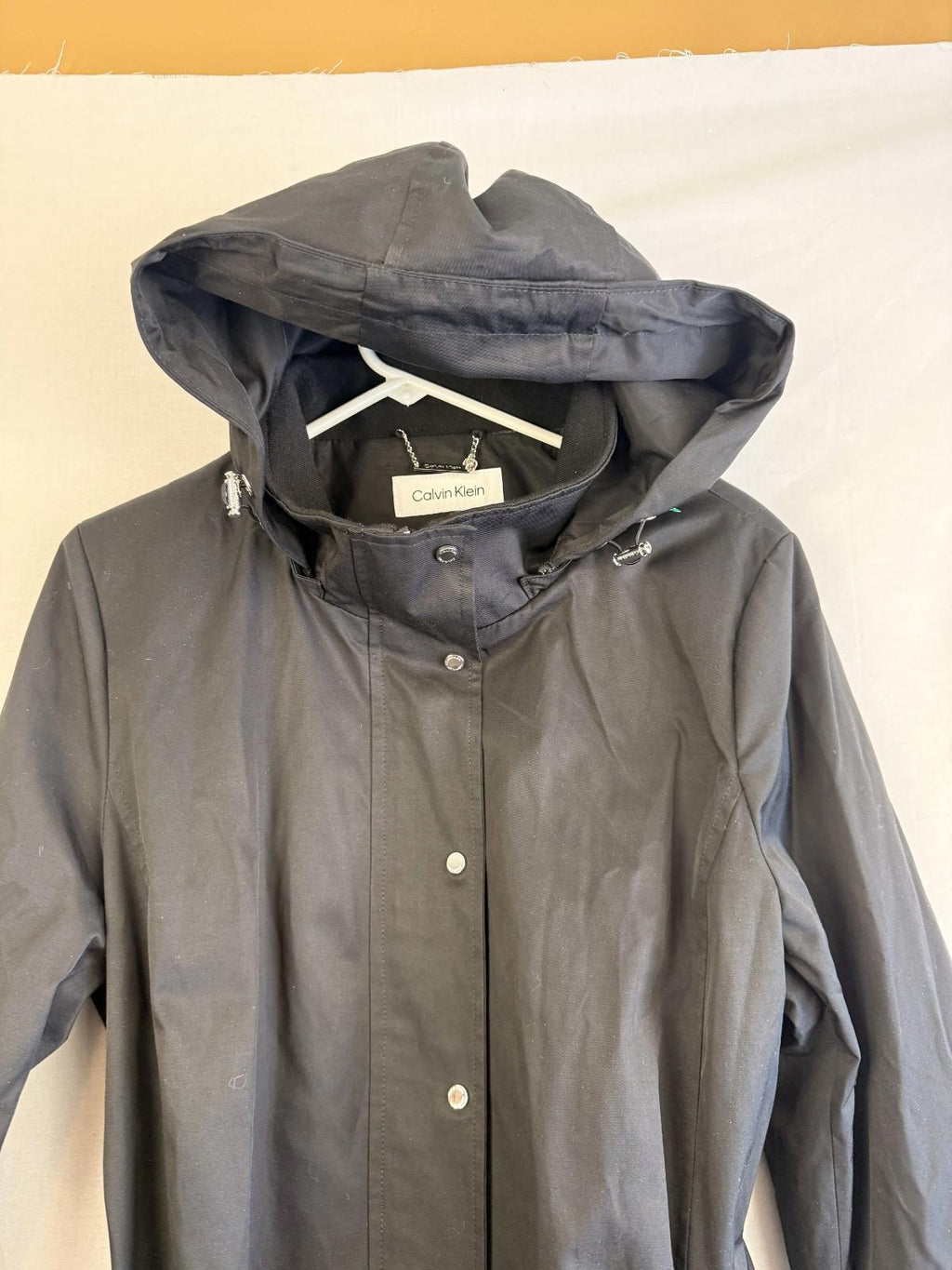 Calvin Klein Women Jacket Sz M Trench Coat Black Slash Pocket Removable Hooded