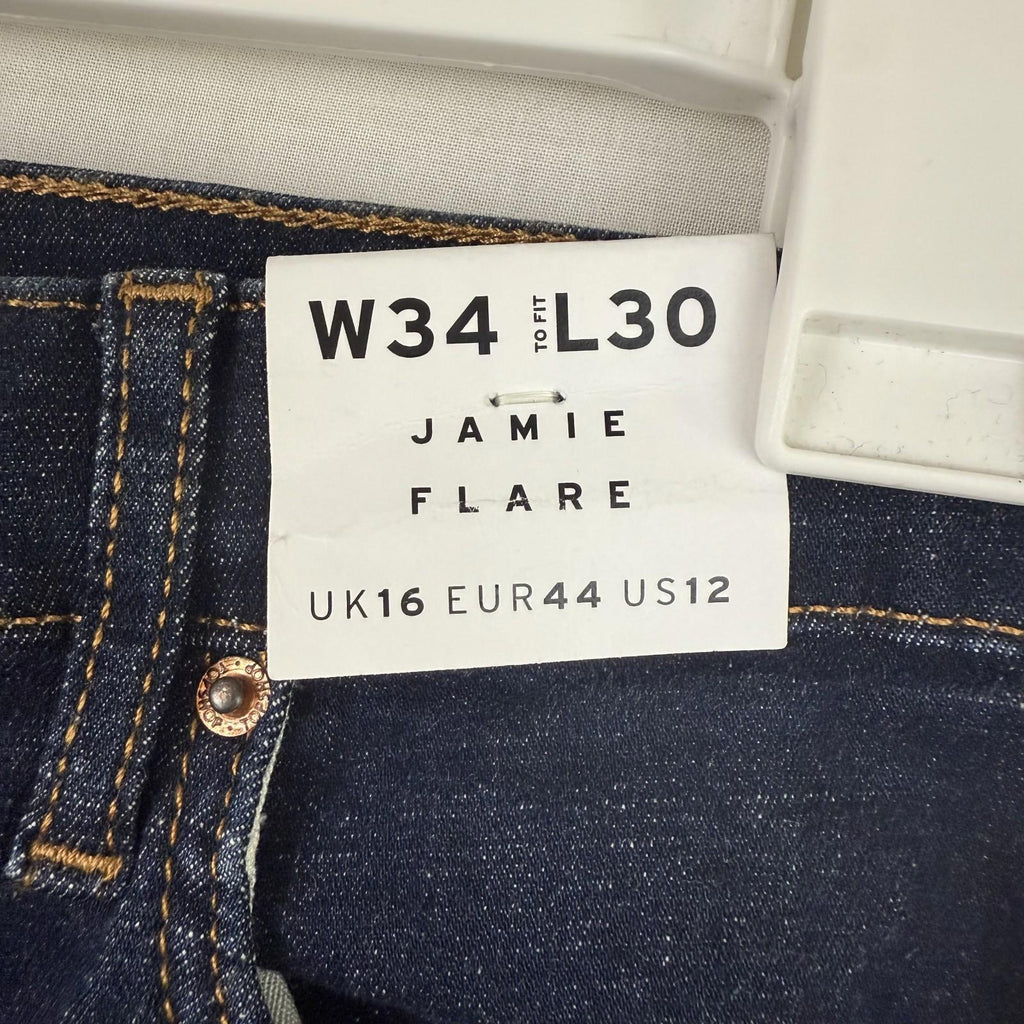 Topshop Jeans Size 12 Womens Jamie Flare Stretch Dark Wash Raw Hem