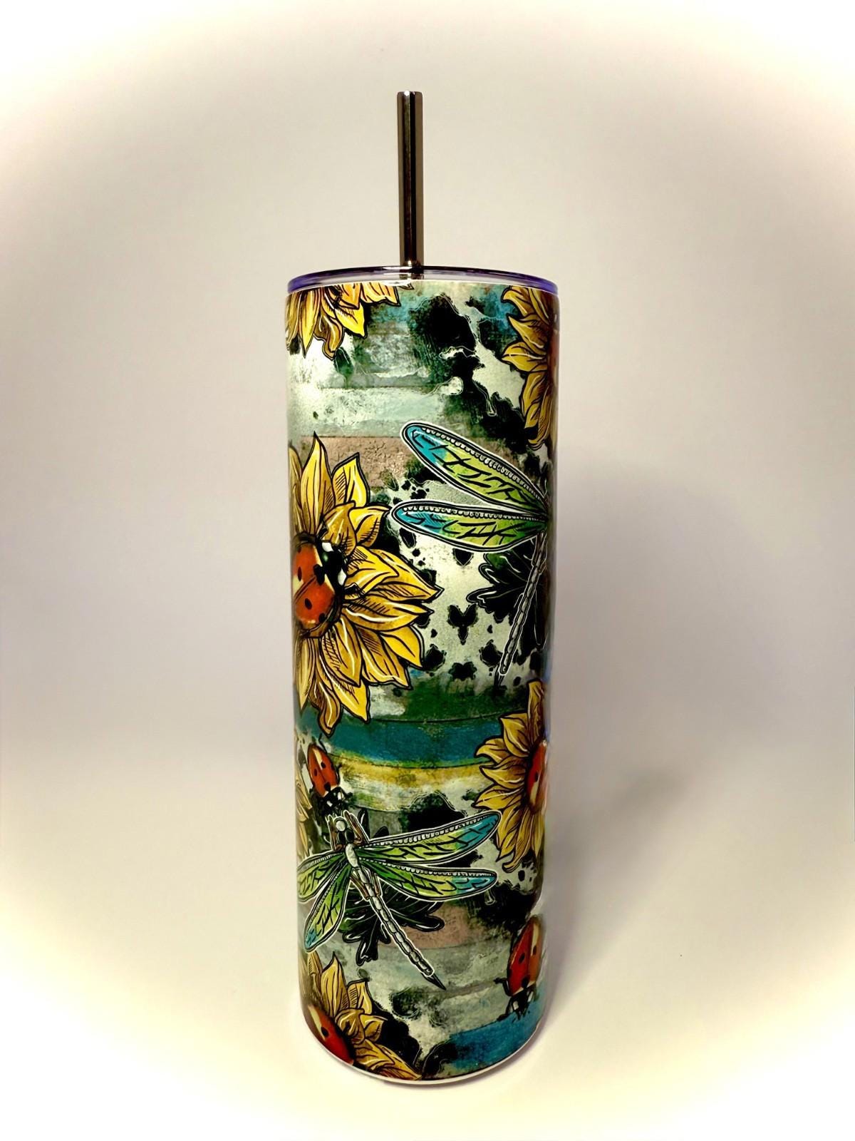20 oz Sunflower, DragonFly, and LadyBugs Stainless Steel Tumbler with Lid, Straw