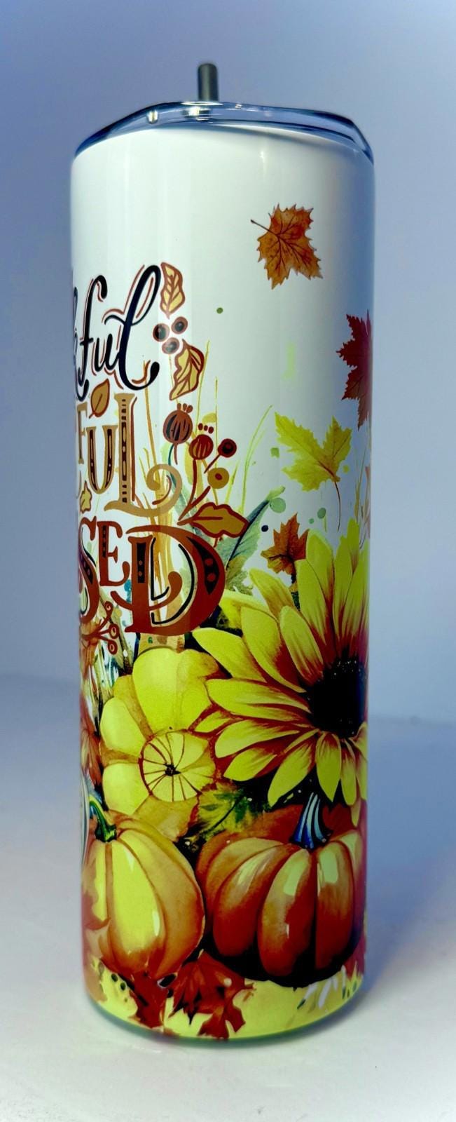 20 oz Thankful, Greatful, Blessed Stainless Steel Tumbler with Lid, Straw Fall