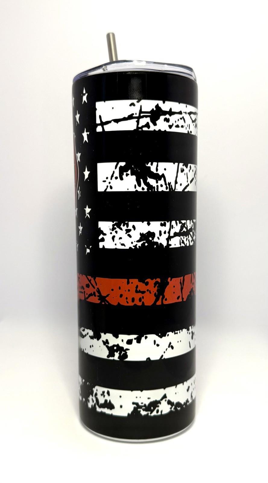 20 oz Fire Dept Red Line Stainless Steel Tumbler with Lid, Straw