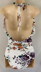 CUPSHE White Floral One Piece Swimsuit Halter Plunge Lined Womens Size L NWT