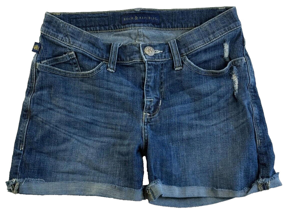 Rock & Republic Womens size 6 Bumpershoot Distressed Denim Shorts Raw Hem