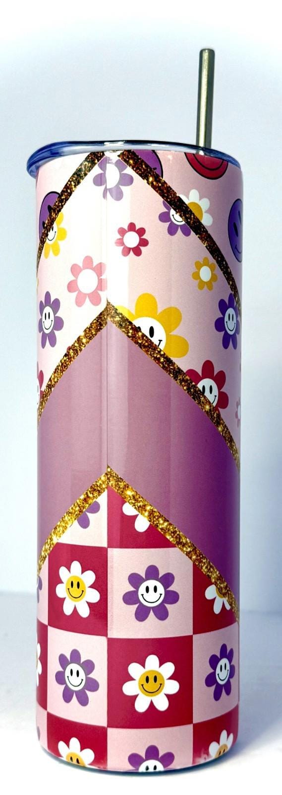 20 oz Purple Smiley Face Stainless Steel Tumbler with Lid, Straw