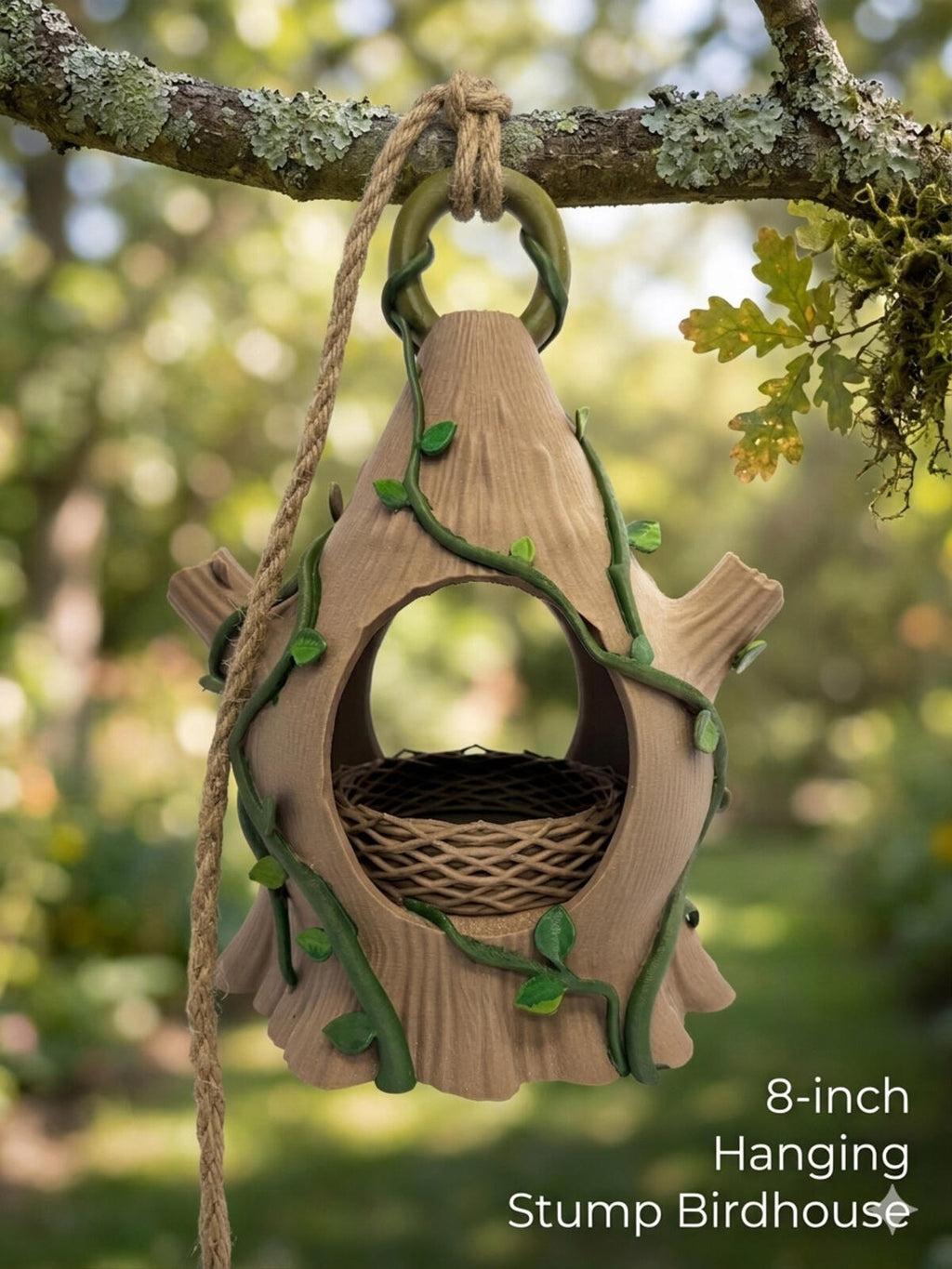 3D Printed 8 Inch Stump Bird House - Brown and Green