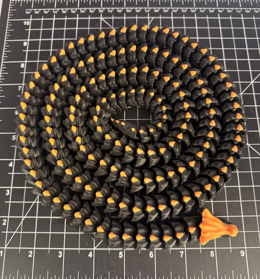 3D Printed LONG Dragon/Snake - PLA - Black and Orange - 5 Feet 4 Inches