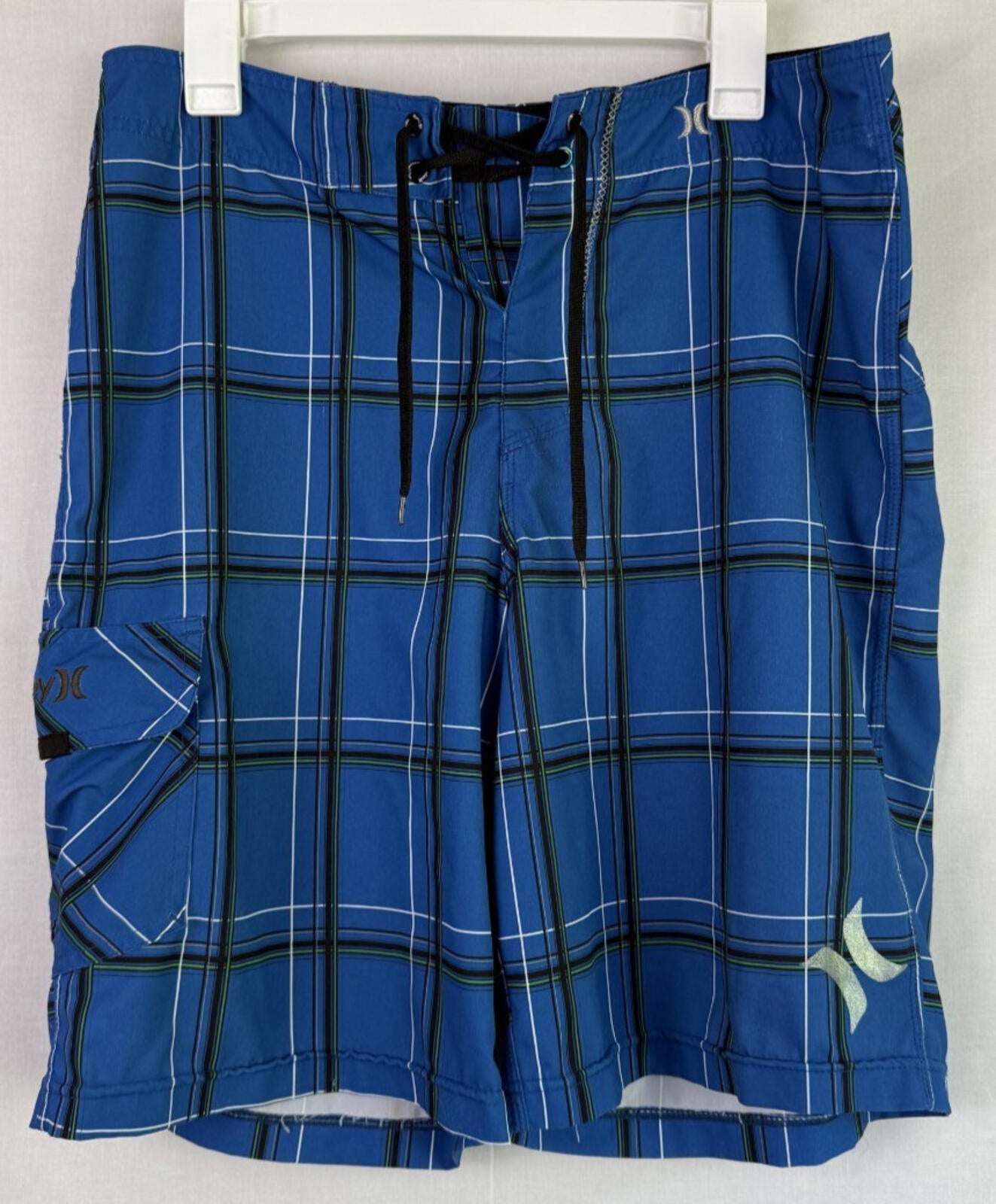 Hurley Phantom Board Shorts Mens Large Blue Plaid Swim Trunks Cargo