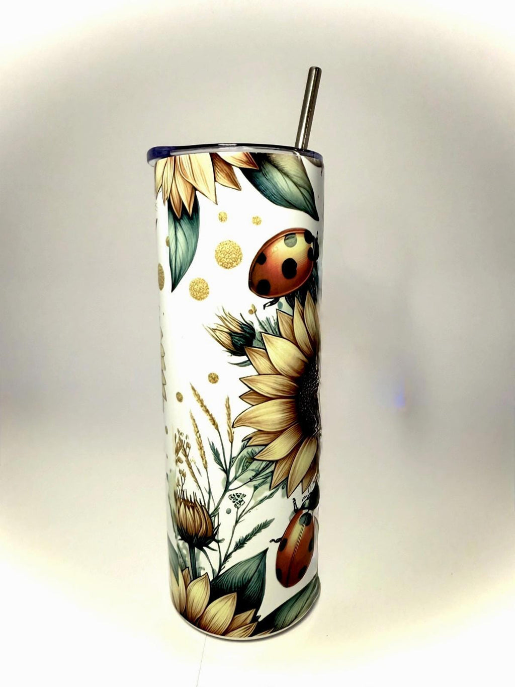 20 oz Sunflower and LadyBugs Stainless Steel Tumbler with Lid, Straw