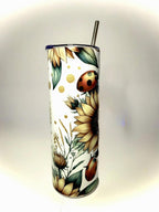 20 oz Sunflower and LadyBugs Stainless Steel Tumbler with Lid, Straw