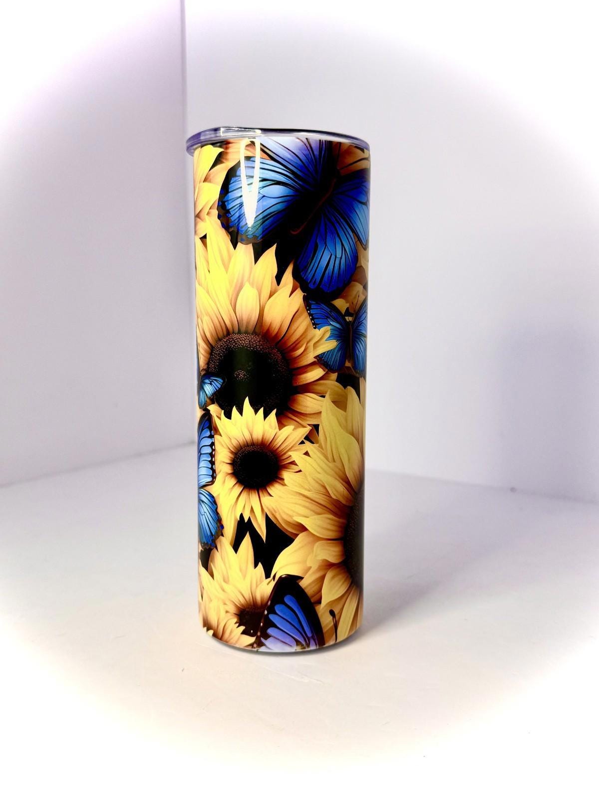 20 oz Sunflower and Butterflies Stainless Steel Tumbler with Lid, Straw