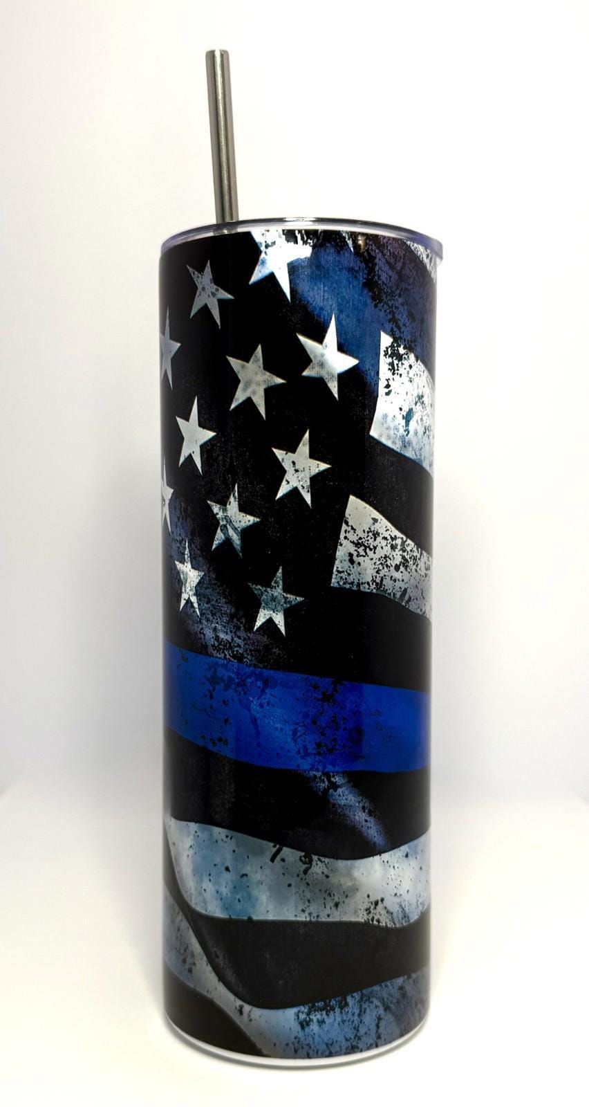 20 oz Blue Line Stainless Steel Tumbler with Lid, Straw