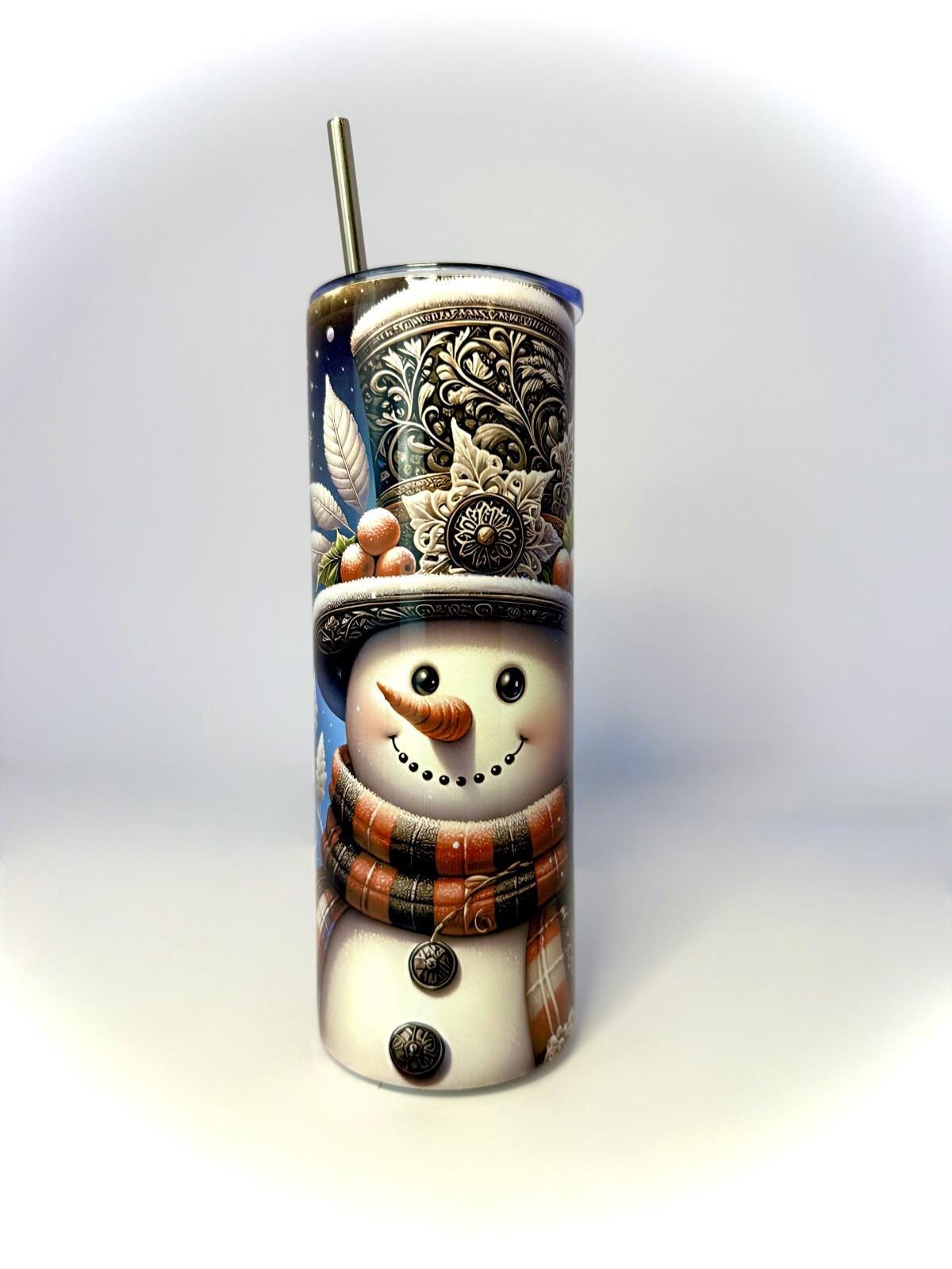 20 oz Snowman Stainless Steel Tumbler with Lid, Straw