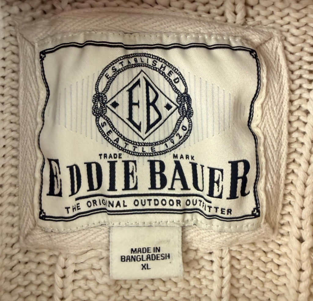 Eddie Bauer Sweater Mens XL Cream Cable Knit Quarter Button Mock Neck Pullover
