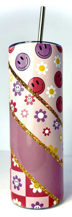20 oz Purple Smiley Face Stainless Steel Tumbler with Lid, Straw
