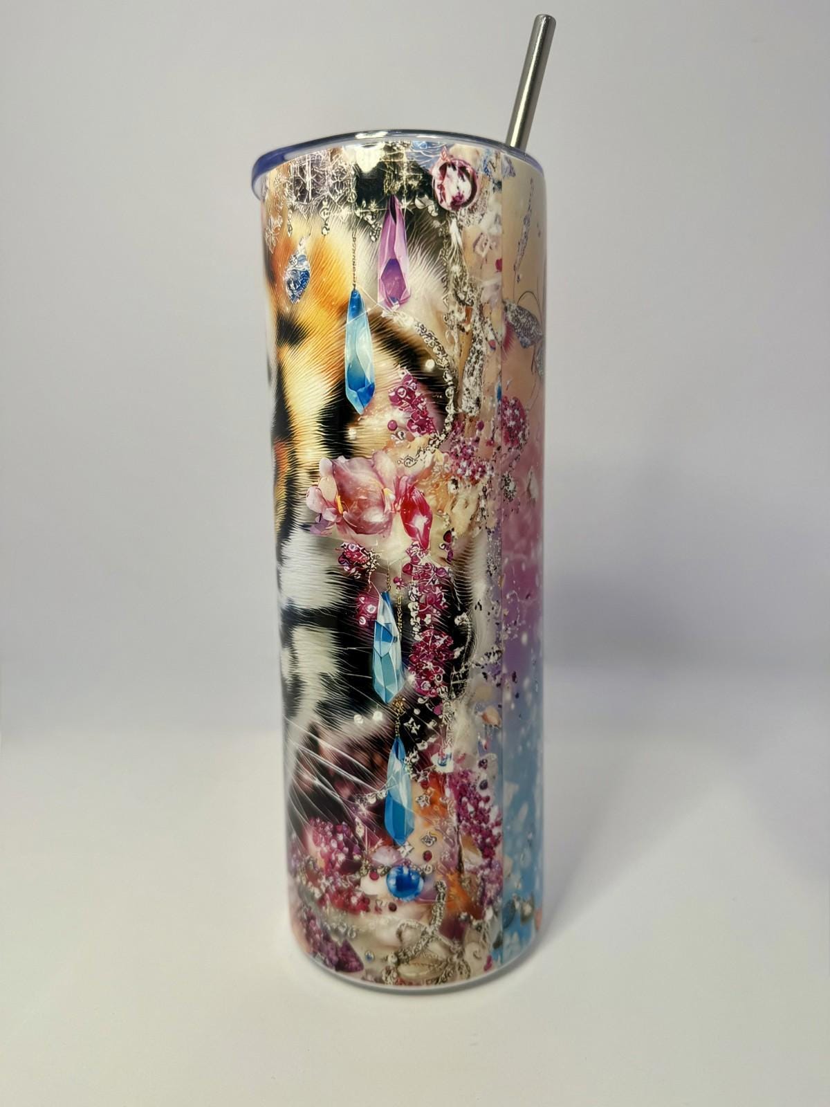 20 oz Jeweled Tiger Stainless Steel Tumbler with Lid, Straw