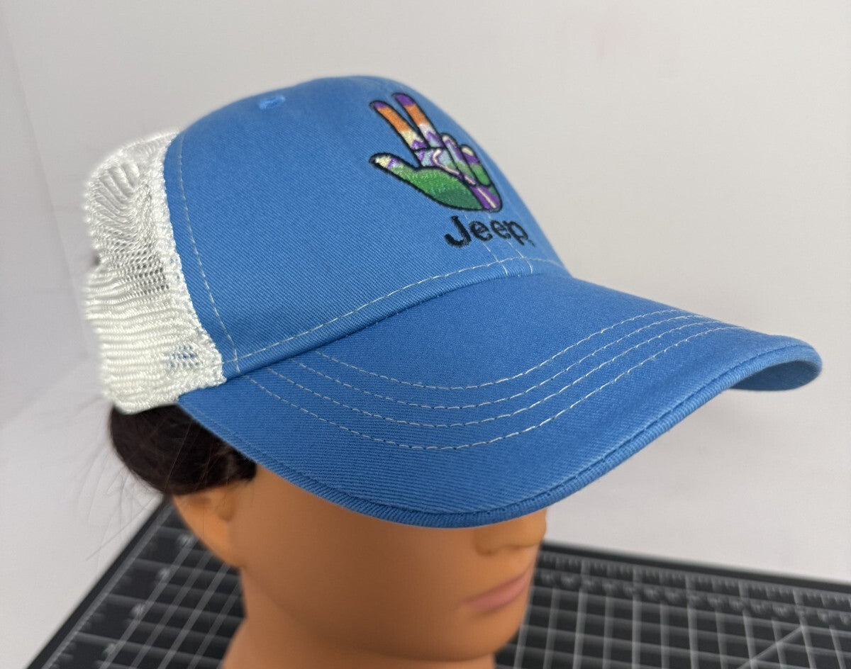 Jeep Peace Sign Hat Cap Trucker Snap Back One Size Blue Mens Mesh Embroidered