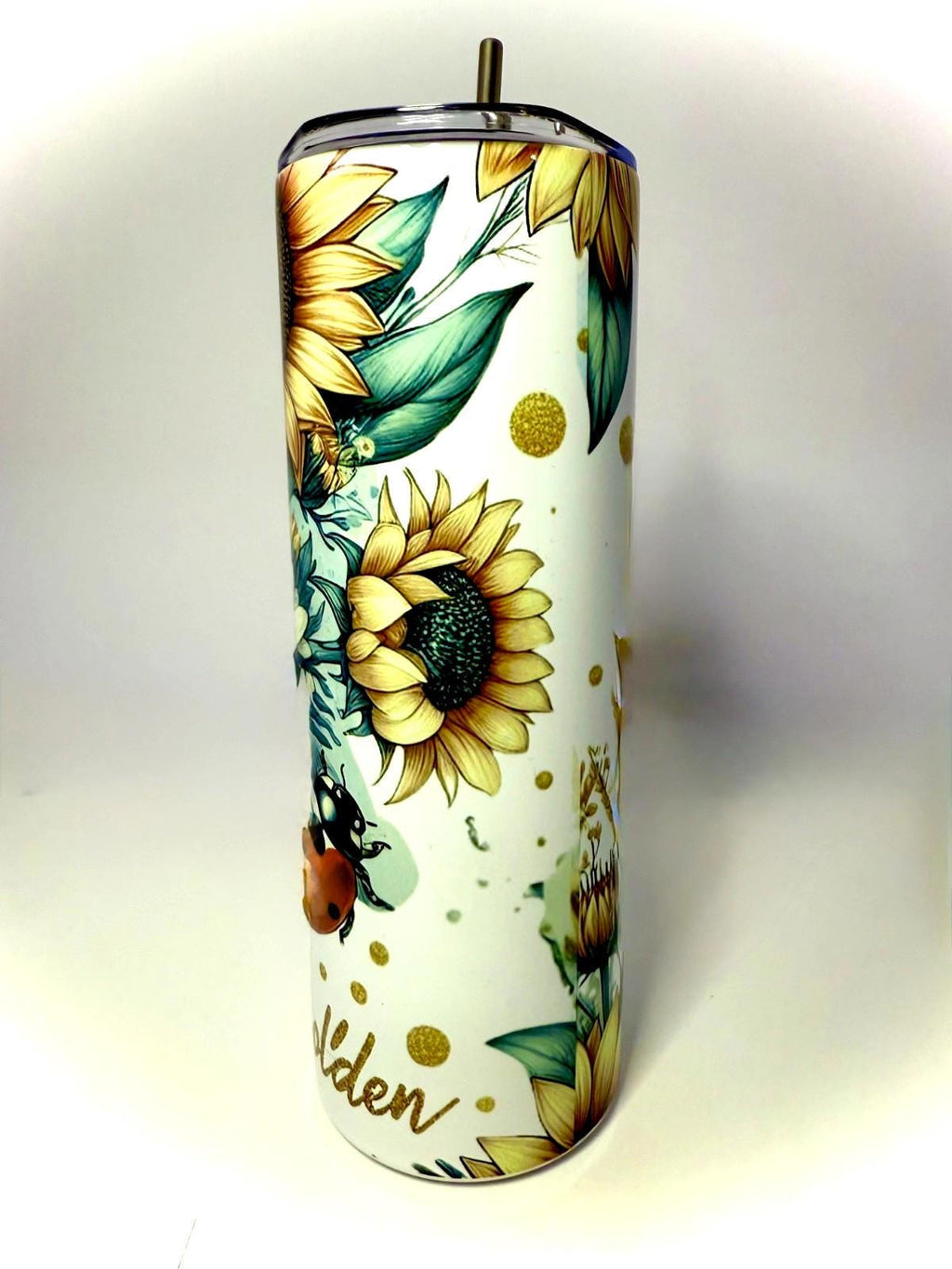 20 oz Sunflower and LadyBugs Stainless Steel Tumbler with Lid, Straw