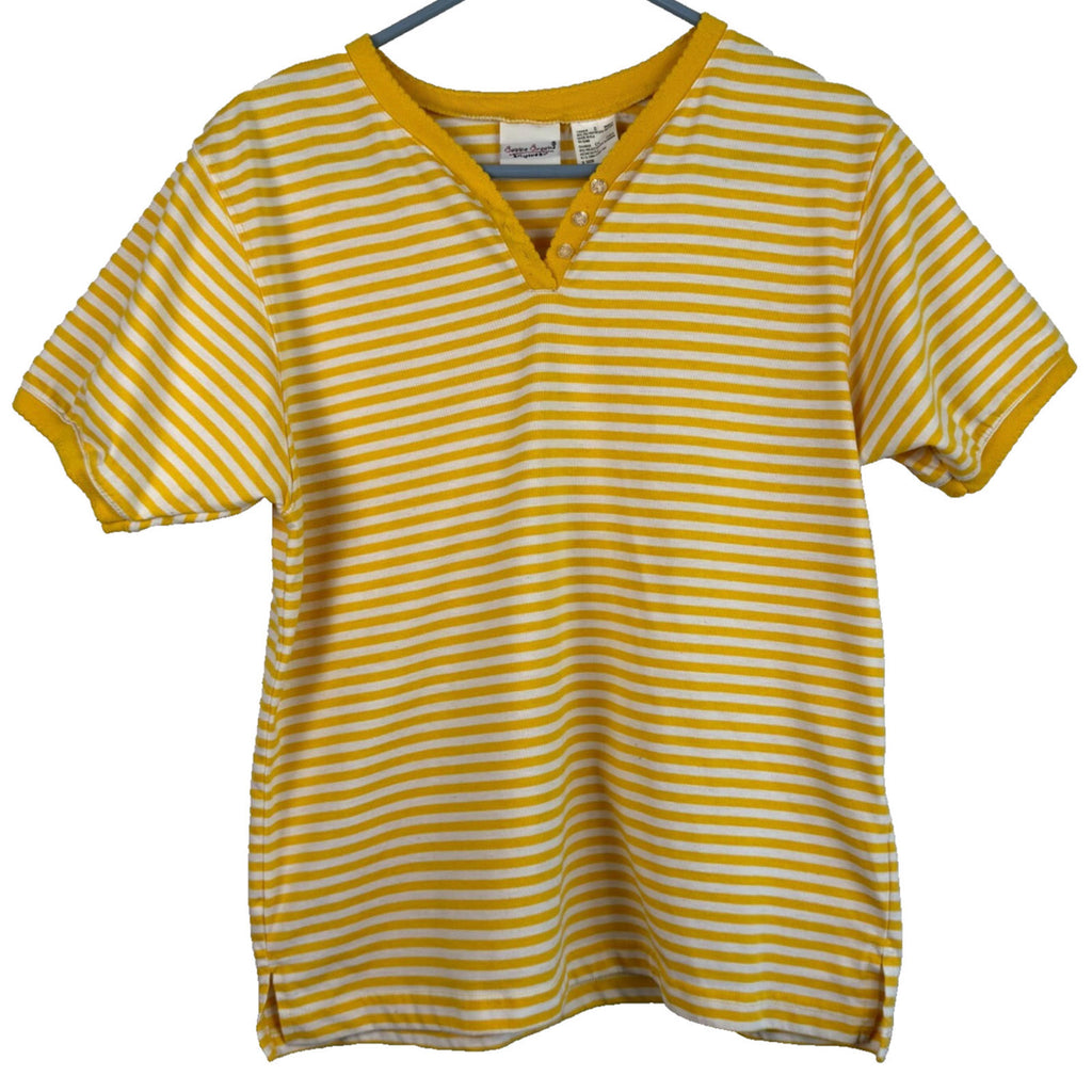 BOBBIE BROOKS Womens Shirt~Yellow & White Stripe~V-Neck~Short Sleeve Size Small