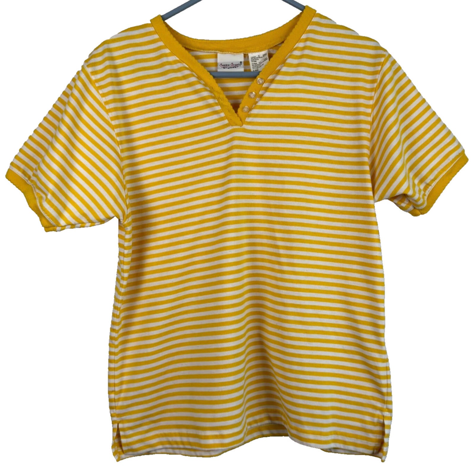 BOBBIE BROOKS Womens Shirt~Yellow & White Stripe~V-Neck~Short Sleeve Size Small