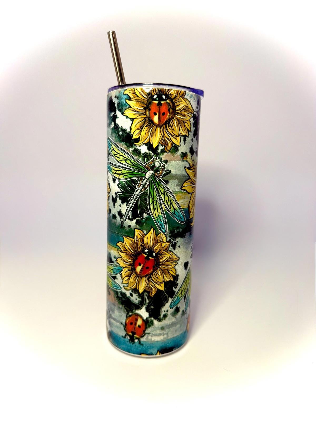 20 oz Sunflower, DragonFly, and LadyBugs Stainless Steel Tumbler with Lid, Straw