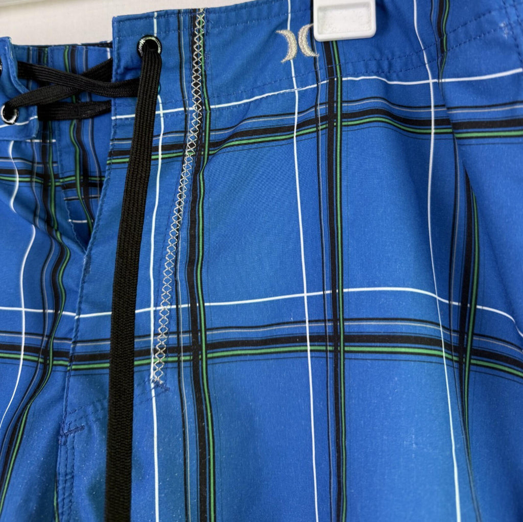 Hurley Phantom Board Shorts Mens Large Blue Plaid Swim Trunks Cargo