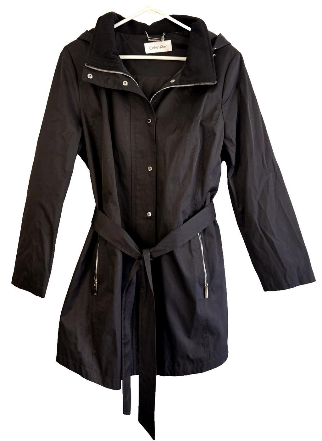 Calvin Klein Women Jacket Sz M Trench Coat Black Slash Pocket Removable Hooded