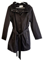 Calvin Klein Women Jacket Sz M Trench Coat Black Slash Pocket Removable Hooded