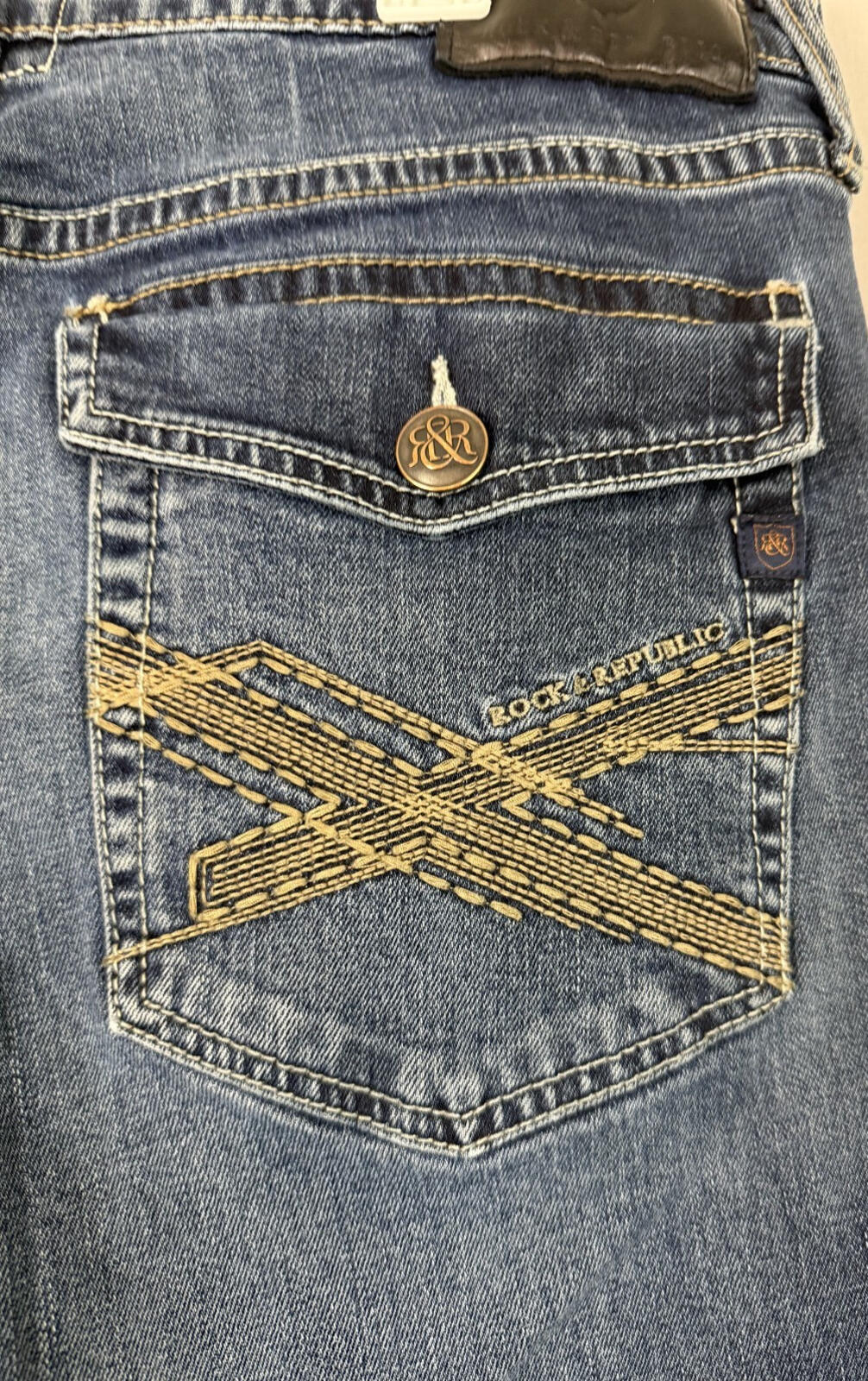Rock & Republic Neil Straight Mens Sz 34x34 Dark Wash Jeans Stretch Flap Pockets